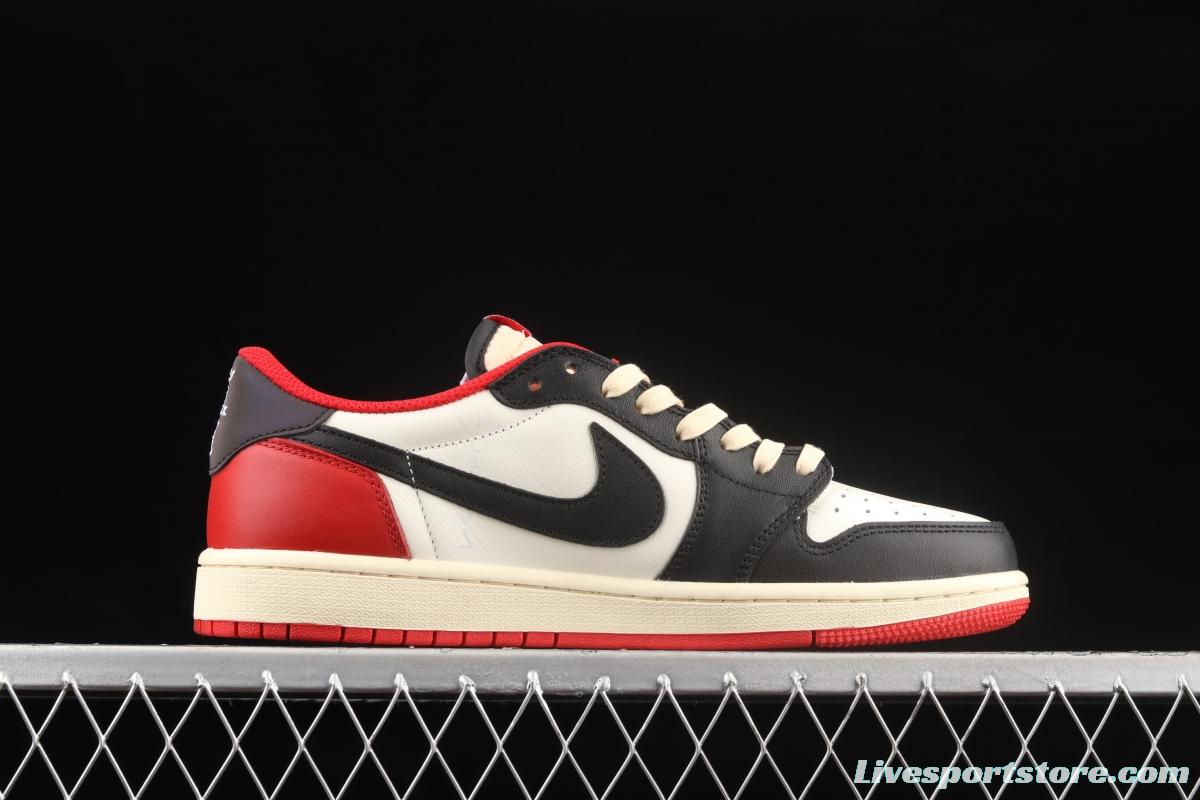 Travis Scott x Air Jordan 1 Low black, white and red barbed low top cultural board shoes DM7866-140