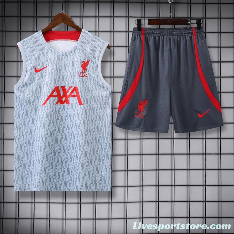 23-24 Liverpool White/Grey Grid Vest Jersey+Shorts