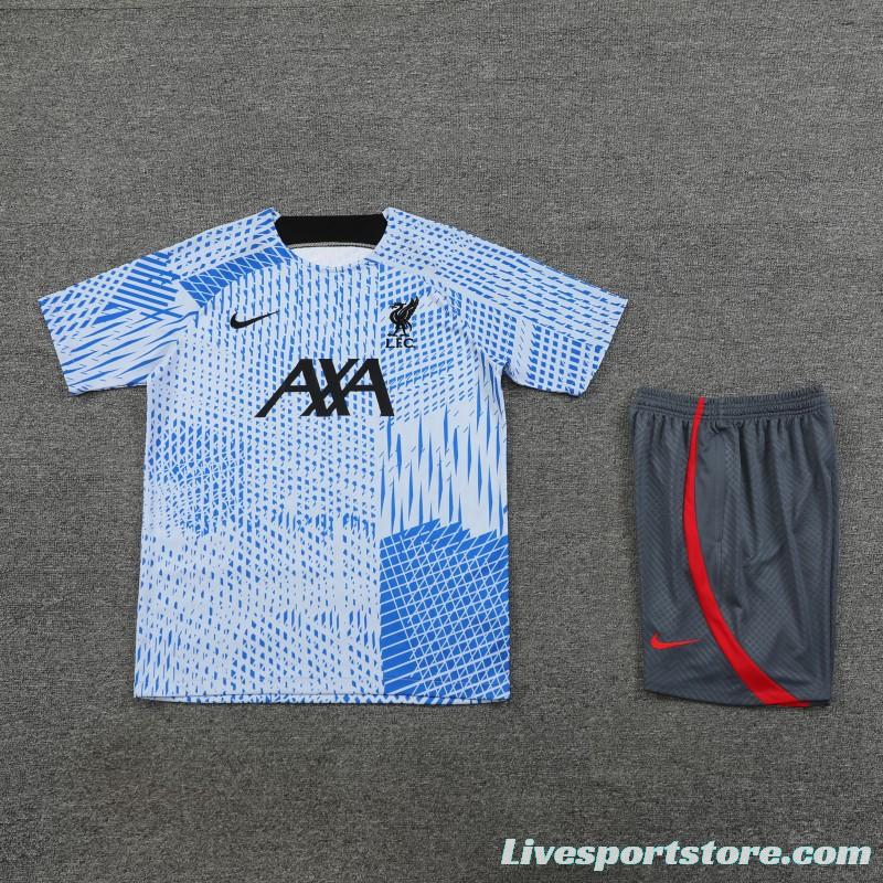 23-24 Liverpool White/Blue Grid Short Sleeve+Shorts