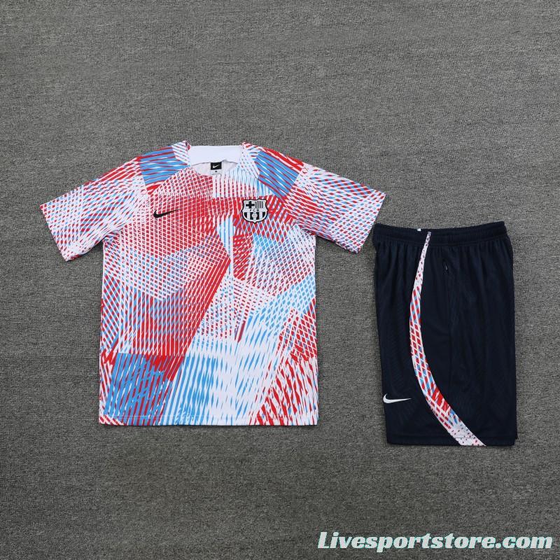 23 24 Barcelona White Red Stripe Short Sleeve+Shorts