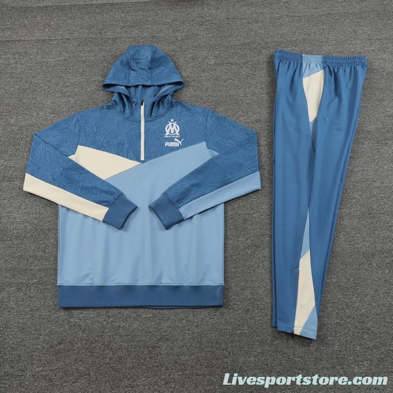 23/24 Olympique Marseille Blue Half Zipper Hoodie Jacket +Pants