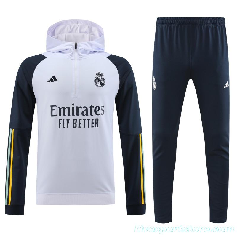 23/24 Real Madrid White Hoodie Half Zipper Jacket+ Pants