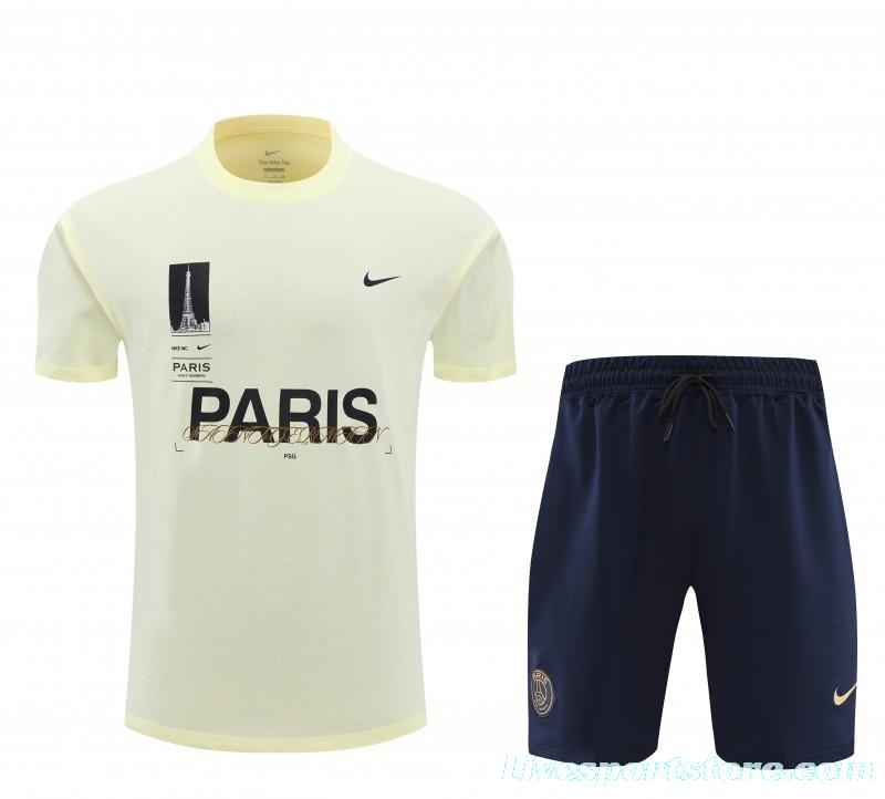 23/24 PSG Light Yellow Cotton Short Sleeve Jersey+Shorts