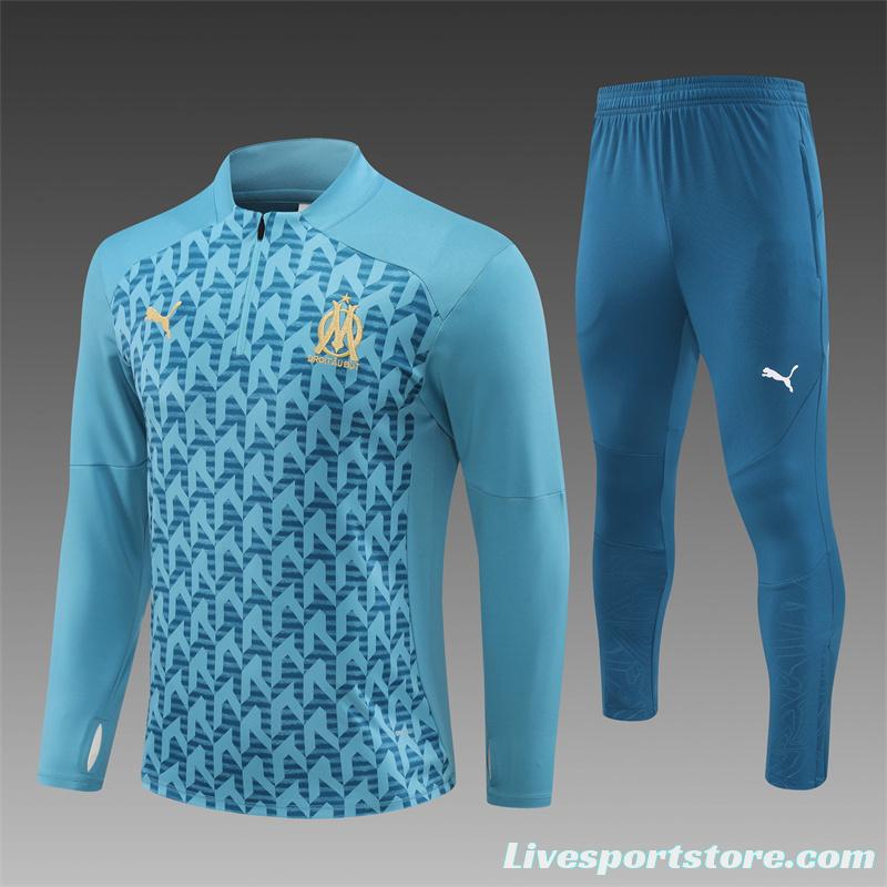 24/25 Olympique Marseille Blue Grid Half Zipper Jacket+Long Pants