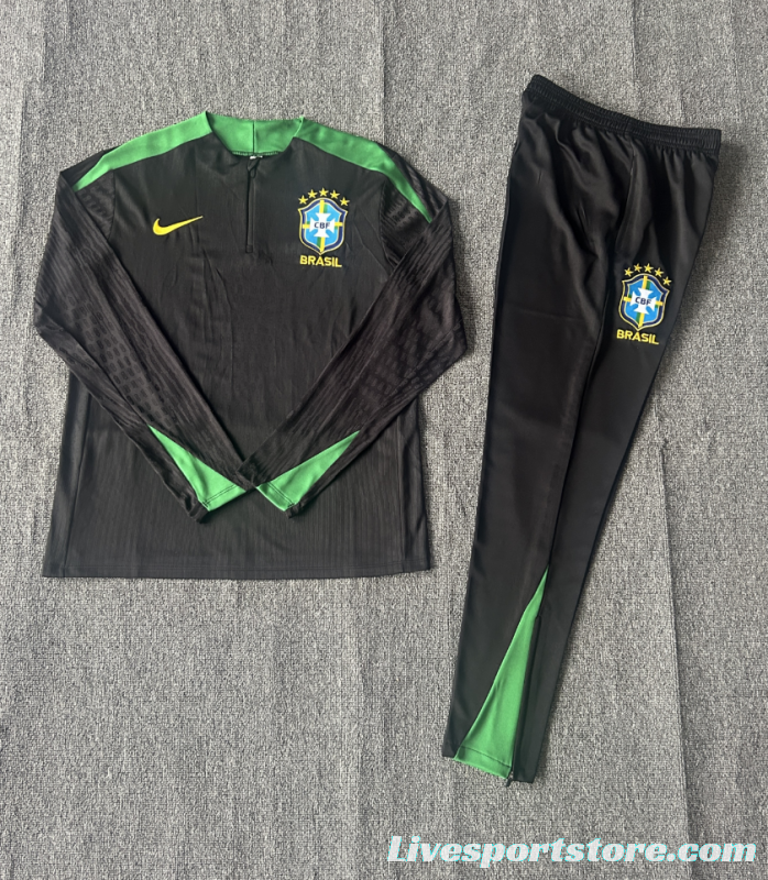 Player Version 2024 Kids Brazil Black Half Zipper Jacket+Long Pants